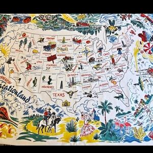 RARE Vintage Restoration Hardware White Tablecloth w/ Colorful Travel Motifs